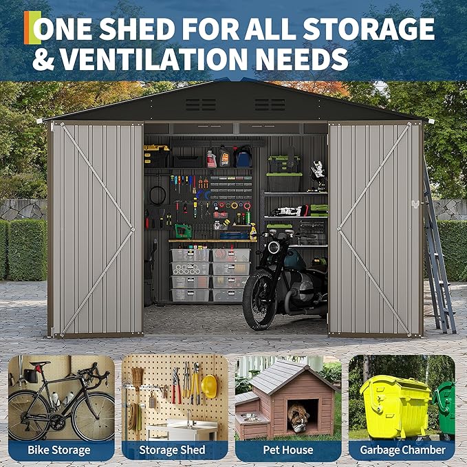 Garvee 10 X 10 FT Outdoor Storage Shed,Metal Garden Sheds&Outdoor Storage Clearance, Large Outdoor Storage Shed for Tools, Lawn Equipment, Garden Supplies - All Weather Lockable Metal Shed