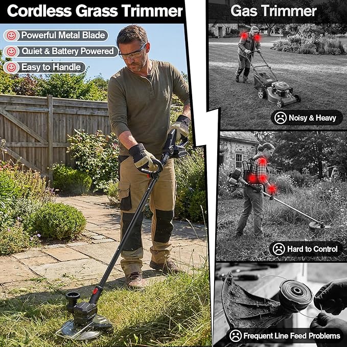 21V Cordless Weed Wacker Lawn Edger, 4.6lbs Lightweight Battery Powered String Trimmer, 4-in-1 Brush Cutter with Metal Blades, Wire Brush & Guide Wheel for Garden Edging (2 Batteries, 2.0Ah)
