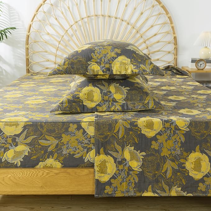 FADFAY Floral Sheets Set Queen Vintage Grey Yellow Floral Bedding Shabby Peony Farmhouse Bedding Super Soft Washed Double -Layer Muslin Sheets 100% Cotton Deep Pocket Fitted Sheet 4Pcs, Queen Size