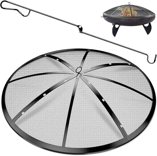 Fire Pit Spark Screen, 40Inch Fire Pit Lid Outdoor with Handle & Poker, Heavy-Duty Mesh Firepit Cove with 12 Reinforced Bars for Backyard/Beach/RV Camping