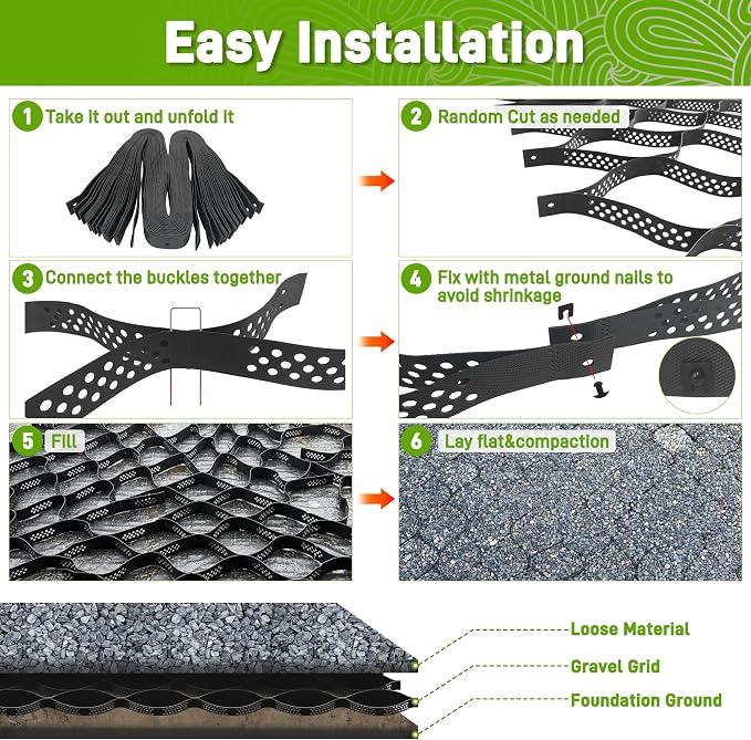 Gravel Grid 4 x 50FT-2" Depth HDPE Geo Grid 1885 lbs Per Sq Ft Load with U-Shaped Stakes & Connectors for Driveway, Patio, Shed Base, Parking Lot, Grass Stabilization, Black