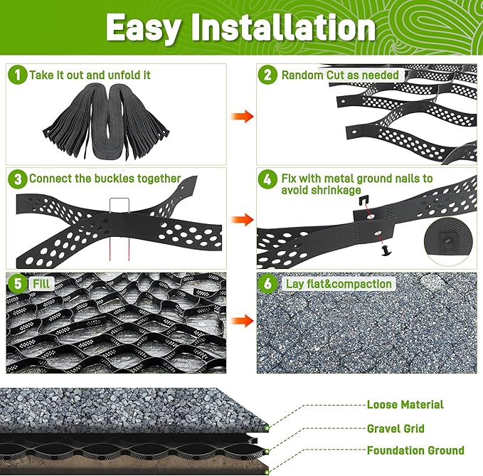 Gravel Grid 4 x 11FT-2" Depth HDPE Geo Grid 1885 lbs Per Sq Ft Load with U-Shaped Stakes & Connectors for Driveway, Patio, Shed Base, Parking Lot, Grass Stabilization, Black