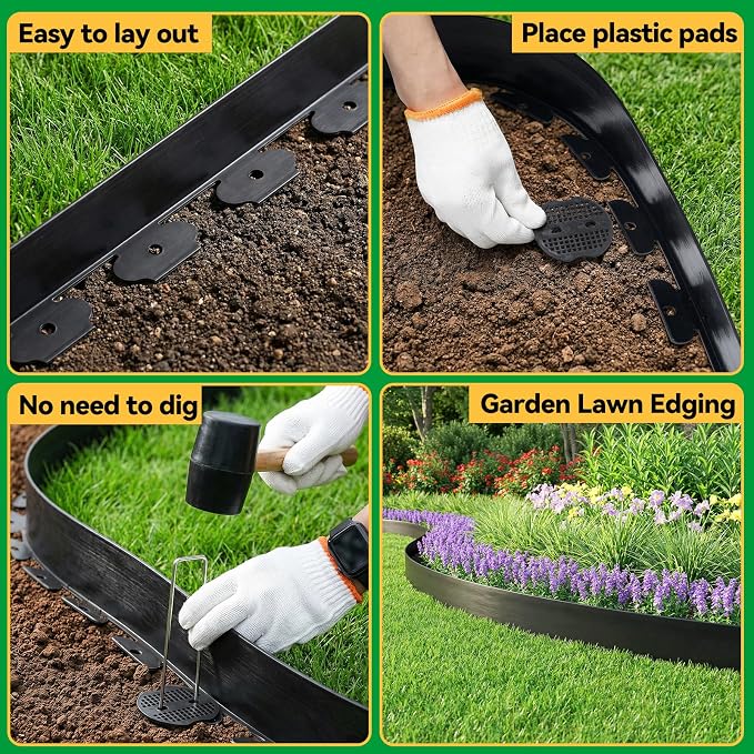 4 Inch Tall No Dig Landscape Edging, 100 FT Heavy Duty Plastic Garden Border Kit with 110 Metal Stakes, Durable All-Weather Flexible Barrier for Lawns, Flower Beds, Paver, Pathwa & Patio