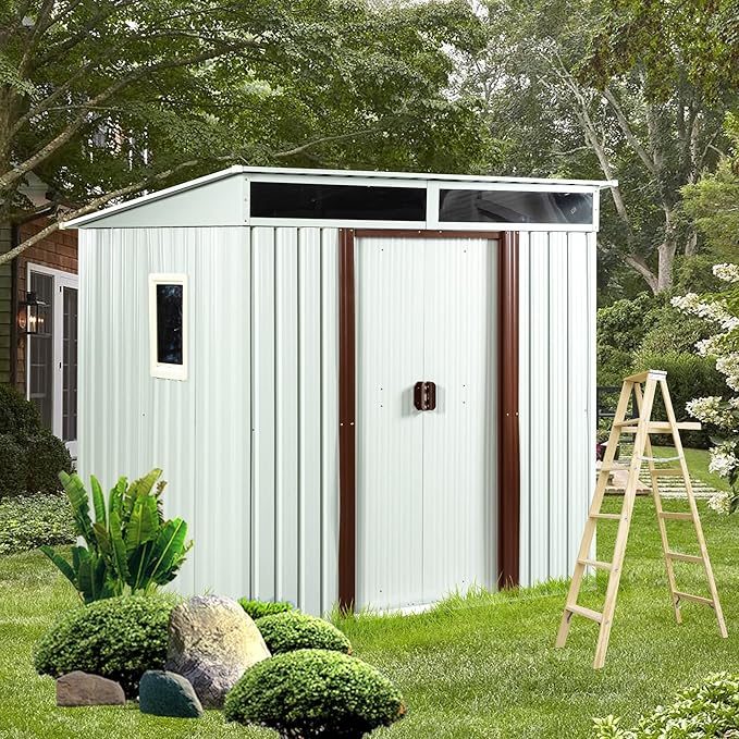 6FT x 5FT Outdoor Storage Shed, Heavy Duty Galvanized Steel Garden Shed with Sloped Roof, Sliding Lockable Doors, Punched Vents & Foundation Kit, Weather Resistant Tool Shed, White with Window