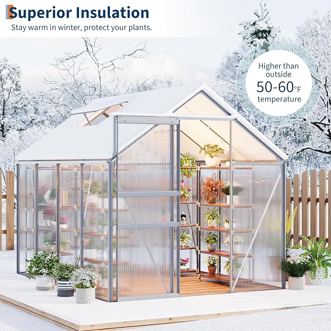 6x8FT Greenhouse for Outdoors, Walk-in Polycarbonate Greenhouse with Sliding Door, Adjustable Roof Vent & Gutter System, Portable Outdoor Green House Kit for Winter Gardening