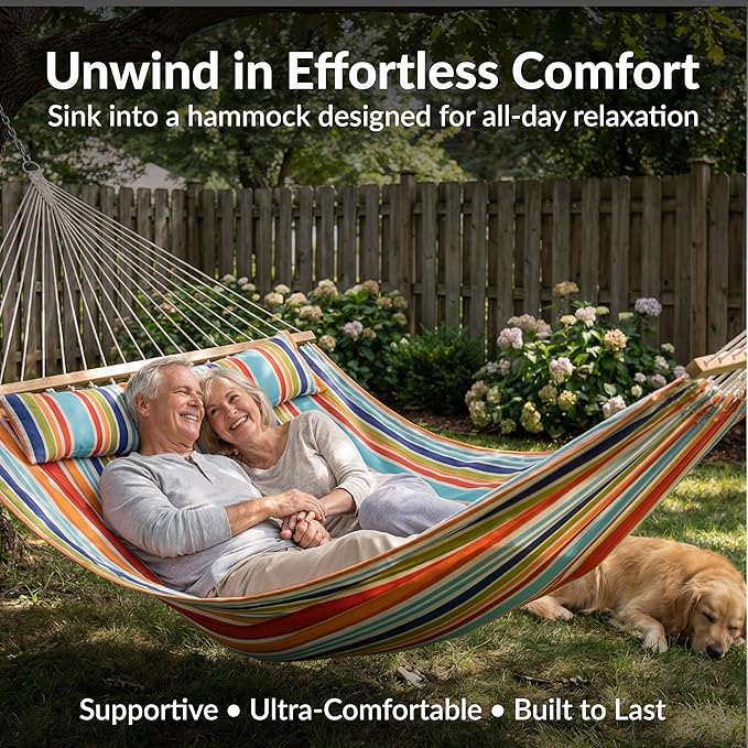 Sunnydaze Quilted Outdoor Hammock with Spreader Bars - Heavy-Duty 450-Pound Capacity Double Hammock for Outside - Caribbean Stripe