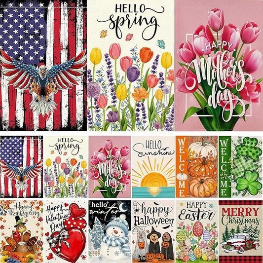 Linen Seasonal Garden Flags Set of 12, Double Sided 12 x 18 Inch Garden Flags, Small Yard Flags for Outside, Summer Fall Halloween Christmas Holiday Garden Flag Outdoor Decor for All Seasons
