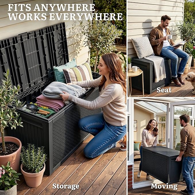 YITAHOME 90 Gallon Outdoor Storage Deck Box, Waterproof Resin Deck Box w/Handles, Lockable Outdside Deck Box for Patio Furniture, Garden Tools, Lockable & UV Resistant(Black)