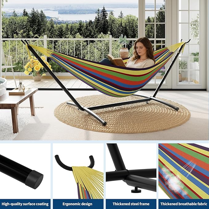 Garvee 2 Person Hammocks with Stand for Outside, Double Hammocks Portable Space Saving Heavy-Duty Steel Stand for Indoor Outdoor Patio with Carrying Bag, 450 lbs Capacity