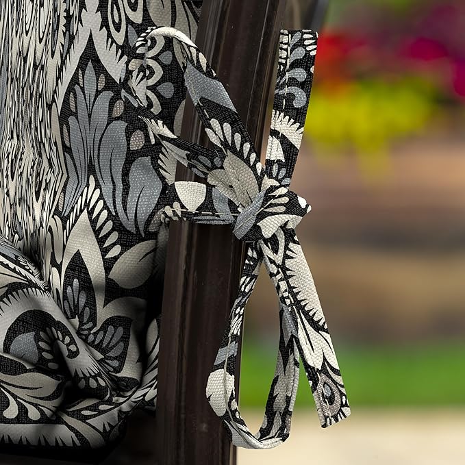 Arden Outdoor Midback Chair Cushion, 18 x 16.5, Rain-Proof, Fade Resistant Black Aurora Damask