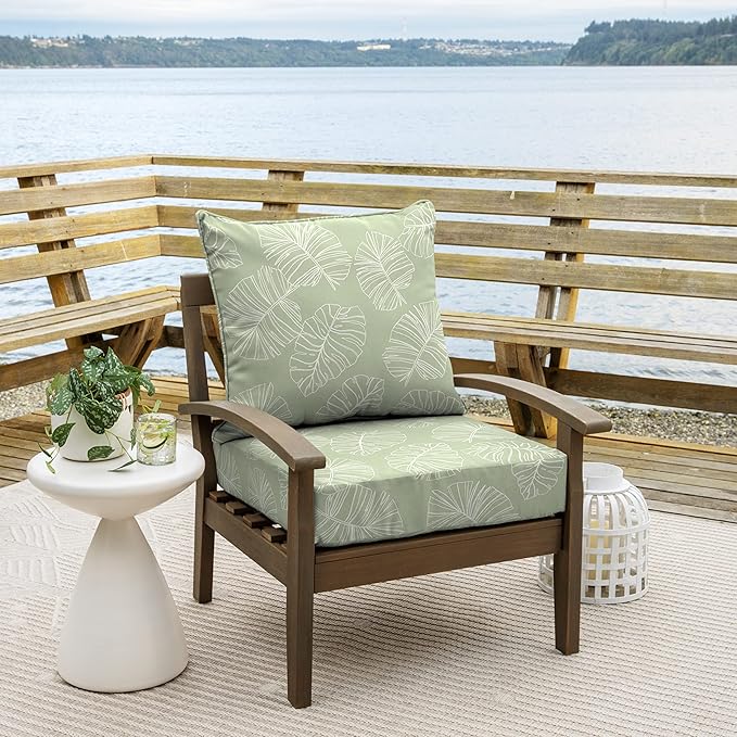 Arden Outdoor Foam Deep Seat Cushion Set, 24 in x 24 in, Weather-Proof, Rain-Proof, Fade Resistant Patio Cushion, Bottom and Back Cushion for Chair, Sofa, and Couch Coastal Green Leaf