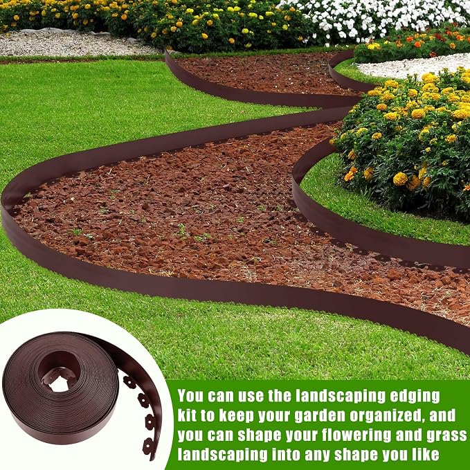 5'' x 100' Landscape Edging Kit Plastic Garden Edging Border Coil Include 90 Anchoring Spikes for Lawn Garden Grass Yard Home School,Brown