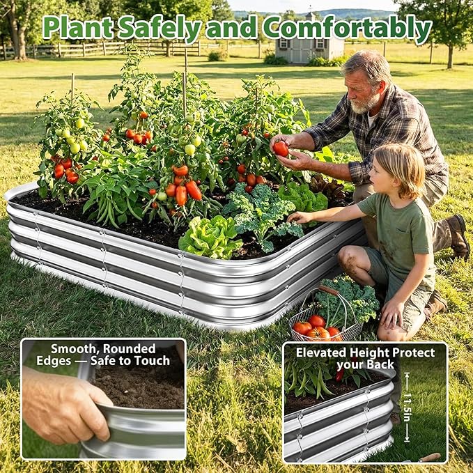 Galvanized Raised Garden Bed 4x4 ft, Heavy Duty Metal Planter Box for Vegetables, Flowers & Herbs, 12" Raised Outdoor Modular Gardening Bed, Above Ground Growing Container, Easy Assembly, Silver