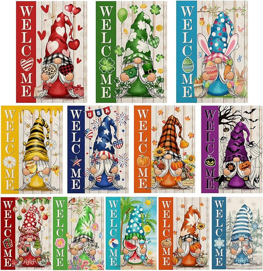 Gnome Garden Flags for Outside Set of 12, Welcome Seasonal Garden Flags 12x18 Double Sided, Gnomes Holiday Lawn Flags, Gnome Winter Spring Outdoor Garden Flag for Yard Farmhouse Decor