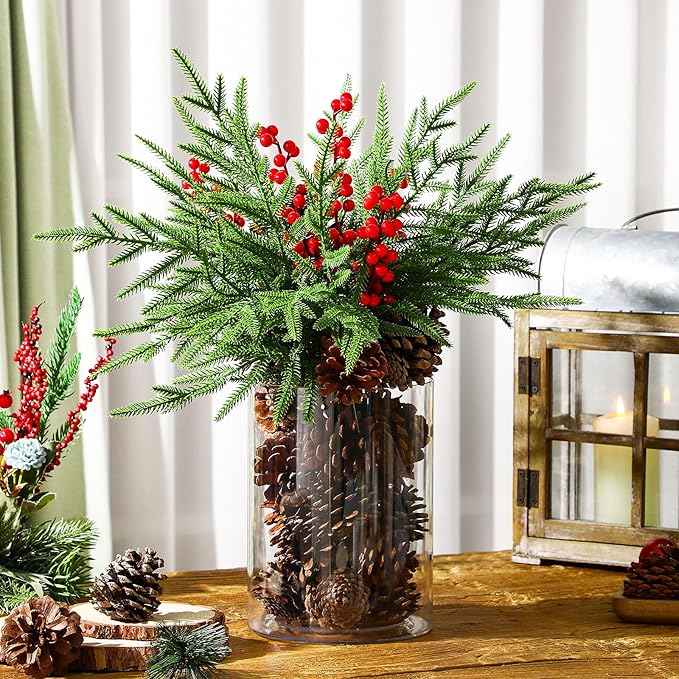 Shappy 42 Pcs Christmas Table Centerpieces DIY Farmhouse Christmas Centerpieces for Dining Table 6 Norfolk Pine Branches 30 Pine Cones 5 Red Berry Stems 1 Glass Vase for Kitchen Tabletop Decorations