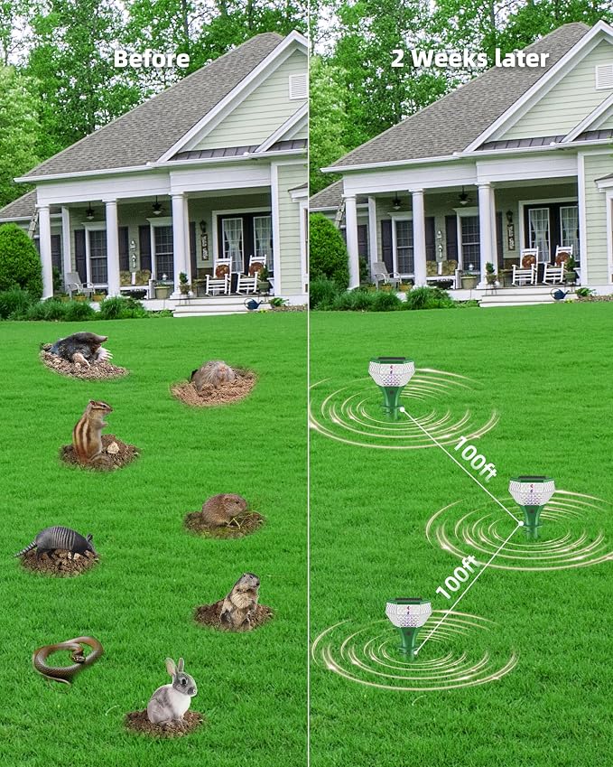 Extra Large Solar Powered Mole Repellent, 3X Size& Coverage, Vibration& Ultrasonic Repeller with Color LED Night Light, Repels All Animal Repellent Outdoor