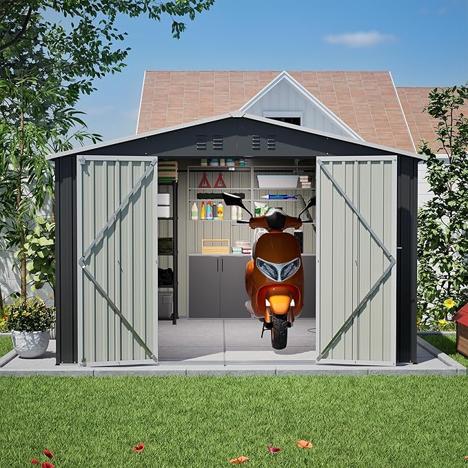YOPTO 10 x 10 FT Outdoor Storage Shed,Heavy Duty Tool Sheds Metal Storage Garden Shed with Sloped Roof and Lockable Doors,Large Metal Storage Sheds for Backyard Patio Lawn, Black