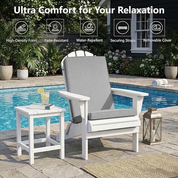 Adirondack Chair Cushion - Removable Cover, Water-Repellent & Fade-Resistant Faux Linen, Securing Straps, Non-Slip Bottom, Fit for Most Outdoor Adirondack & Rocking Chairs - Light Grey