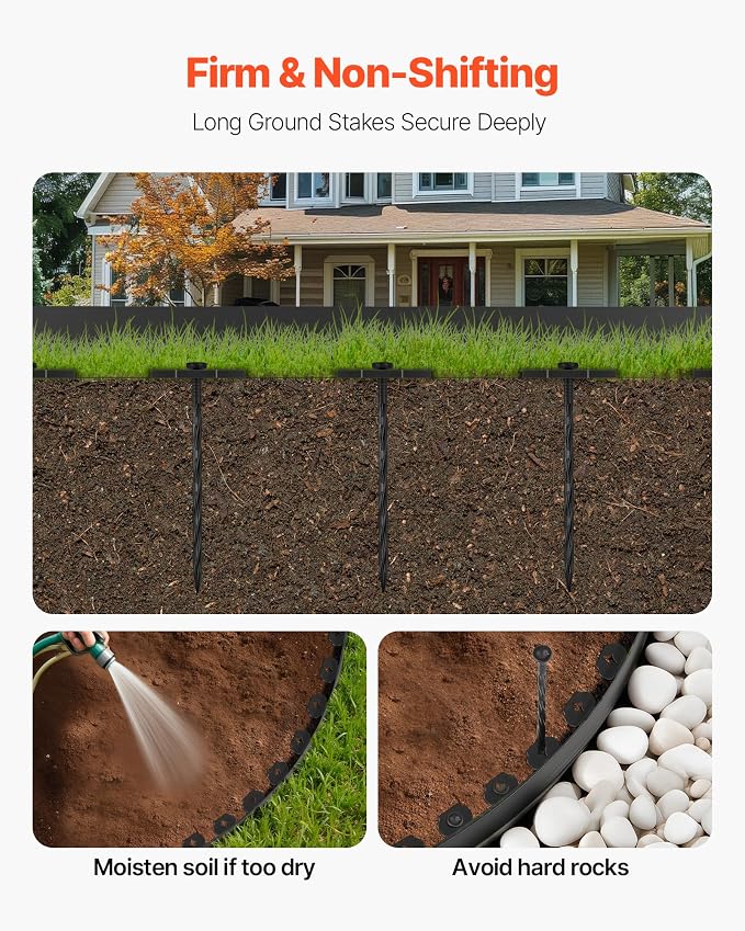 VEVOR Landscape Edging, 100 ft x 1.5 in Plastic Garden Border Edging with 120 Spikes, No Dig, Flexible Lawn Edgings Roll, UV-Resistant Mini Fence Borders Pathway Edgings for Flower Beds Yard Paver