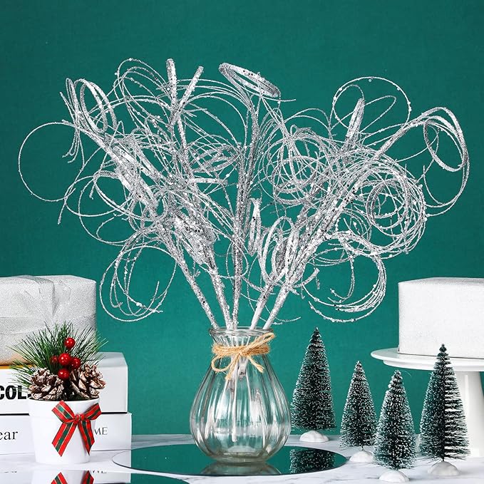 Yinder 18.5'' Glitter Curly Christmas Spray Wispy Christmas Picks Artificial Curly Twigs Branches for Vases Glitter Branches for Xmas Tree Vases Wreath Garland Banquet Decoration, 5 Pieces(Silver)