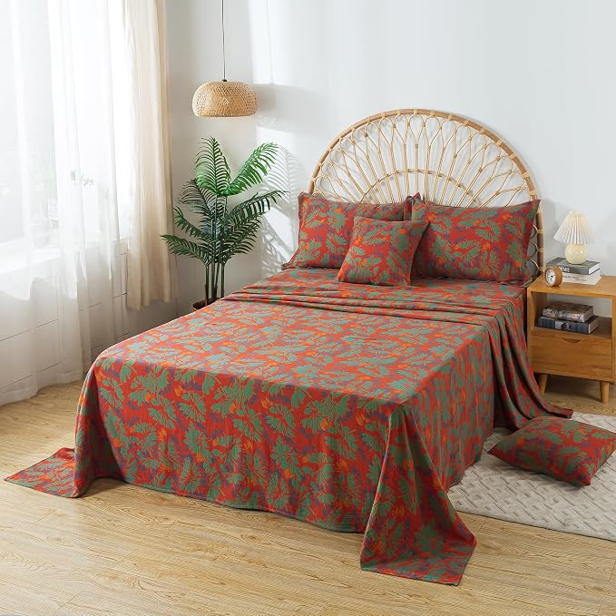 FADFAY Floral Sheets Set Queen Vintage Red Green Floral Bedding Shabby Maple Leaf Farmhouse Bedding Super Soft Washed Double -Layer Muslin Sheets 100% Cotton Deep Pocket Fitted Sheet 4Pcs, Queen Size