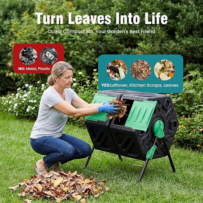 OLIXIS Compost Bin Outdoor 37 Gallon, Separated Dual Chamber Composter Tumbler Outdoor with Gloves, Efficient 360°Rotating Composting Bin for Patio, Lawn, Home Gardening and Landscape, Green