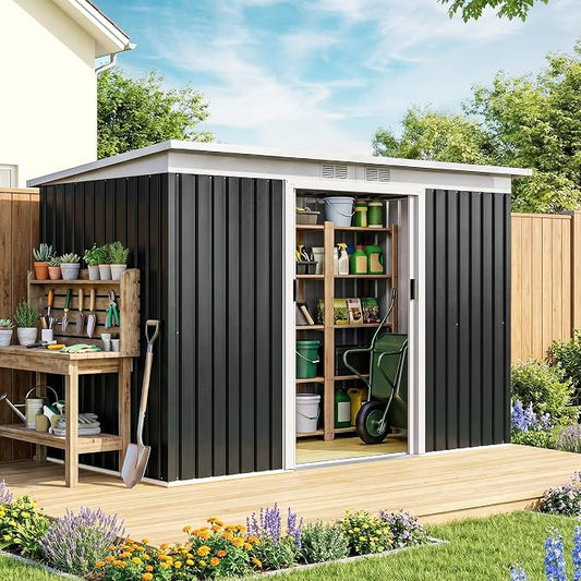 Outsunny 9' x 4' Outdoor Storage Shed, Metal Garden Tool House with Sloping Roof and Lockable Door for Backyard, Bike, Patio, Garage, Lawn, Gray