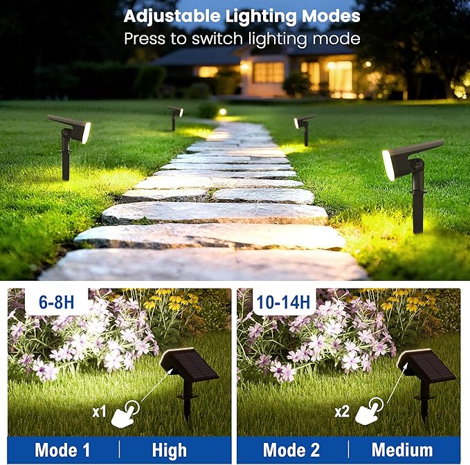 Solar Lights Outdoor Waterproof IP65, Super Bright LED with Lens, 6500K 2 Lighting Modes, Solar Powered Yard Garden Solar Spot Lights for Outside Landscape Auto On/Off -8 Pack