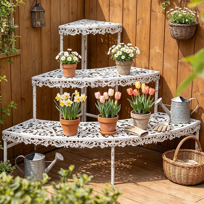 3-Tier Vintage Corner Plant Stand for Indoor Outdoor Distressed Metal Flower Pot Holder Shelves with Ornate Cutout Edges Multi-Level Planter Rack Display Corner Shelf Antique Tall Plant Shelf for Patio Porch Garden Balcony Living Room (White)