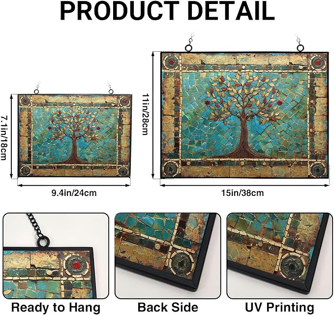 Customized Rectangle Tree of Life Stained Glass Window Hanging Sun Catcher Halloween Haning Ornament Decoration Christmas Birthday Gifts for Lover Friends Mother
