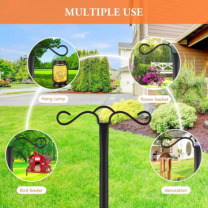 SINLEY 2 Pack 90 inch Double Shepherds Hook for Outdoor with 5 Prong Base Heavy Duty Two Sided Bird Feeder Pole for Hanging Lantern,Hummingbird Feeder,Lightweight Plant,Shepherds Hook