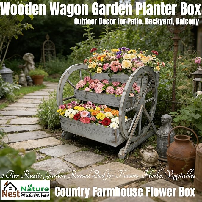 3 Tier Large Wooden Wagon Planter Box|Outdoor Planter/Flower Pot for Indoor&Outdoor Plants-Rustic Garden Planter for Patio,Porch&Garden Decor-Raised Garden Bed for Succulents,Herbs,Vegetables