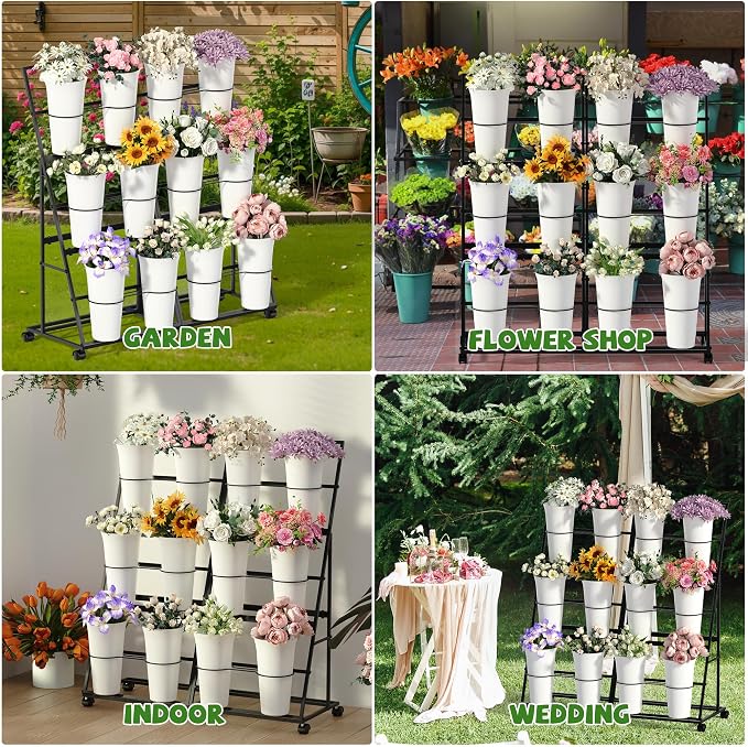 Invech Flower Display Stand with 12 Buckets and Wheels, 3 Tier Flower Cart Display Stand for Indoor Outdoor Garden, Wedding, Flower Shop (Black)