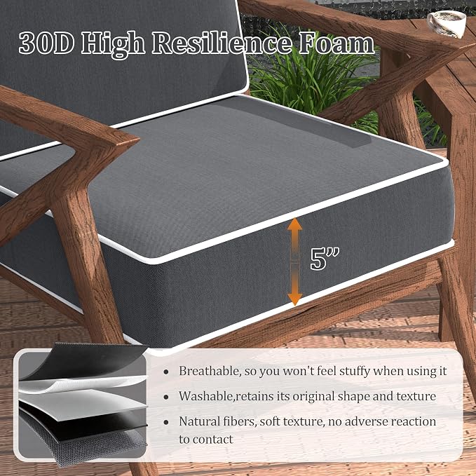 5" Thicker Outdoor Chair Cushions 2 Sets 24" *24" Waterproof Patio Chair Cushions for Outdoor Furniture w/Removable Cover 30D High Density Sponge Filling Thicken Patio Furniture Cushion w/Handle &Ties