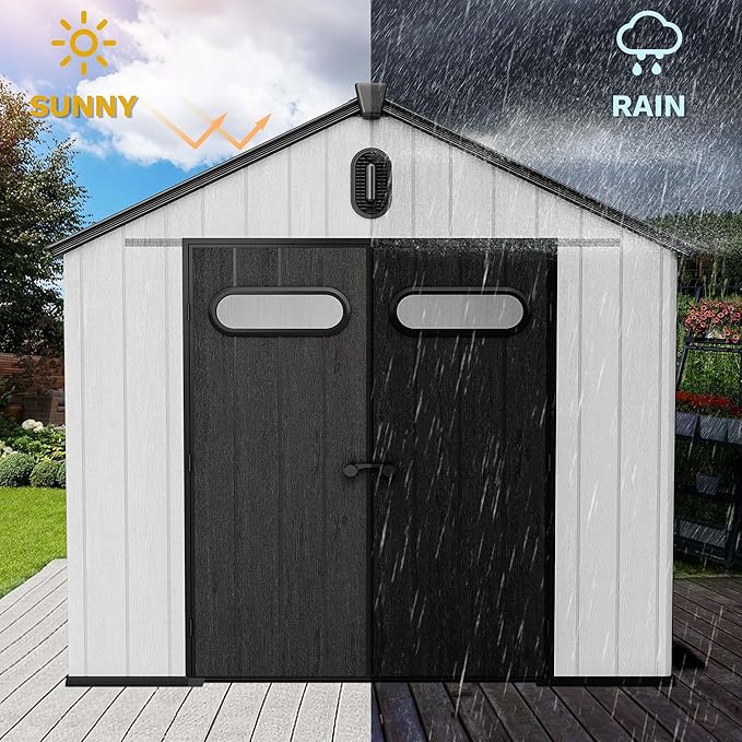 DWVO 8x10 FT Outdoor Storage Shed, 544 cuft Large Plastic Storage Shed with Floor & Lockable Door, Outside Tool Garden Shed with Windows & Vents for Patio Furniture/Lawn Mower, Black&Gray