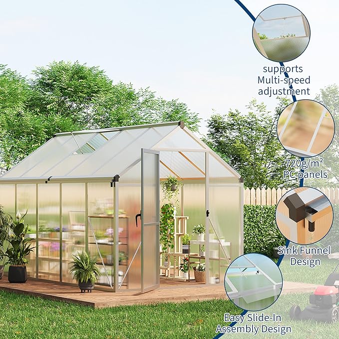 Garvee 6 x 10 ft Greenhouse, Greenhouses for Outside, Polycarbonate Greenhouse with Aluminum Frame, Lockable Door and Ajustable Roof Vent for Backyard, Green Houses for Outside Garden Backyard, Patio
