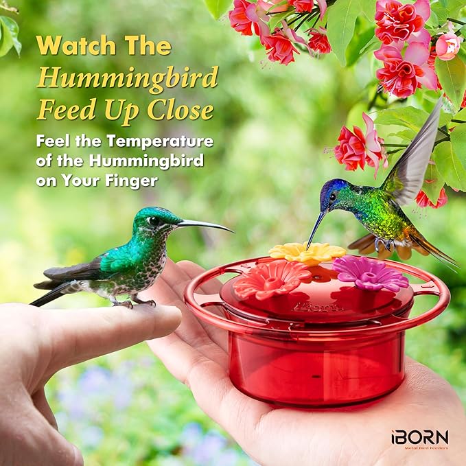 iBorn Handheld Hummingbird Feeders for Outdoors, Hummingbird Hand Feeder 3OZ Mini Bird Feeders for Outdoors, 3 Bee Guard Feeding Ports, Silicone Flower, Red (Set of 2)