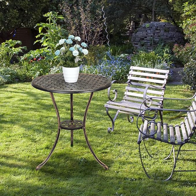 GarveeHome Patio Bistro Table, 24" Round Outdoor Coffee Table with 2" Umbrella Hole, Outdoor Cast Aluminum Bistro Table Side Table with Iron Frame for Balcony Backyard Lawn and Garden, Rustic Brown