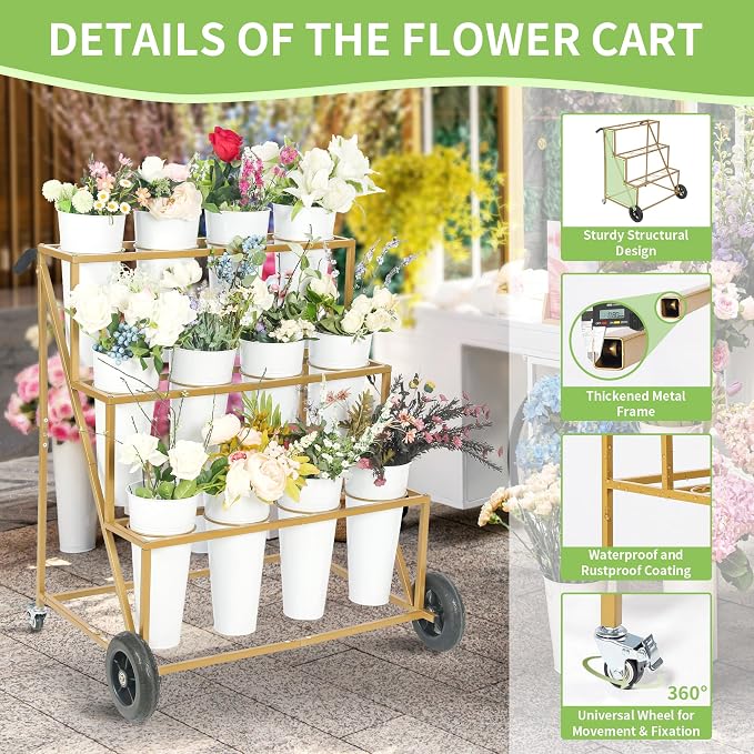 Flower Bar Stand with 12 Iron Buckets - Flower Display Stand with Big Wheels - Hand-Pushed Moving Flower Cart for Garden and Wedding - 3 Layers Gold Florist Bouquet Holder
