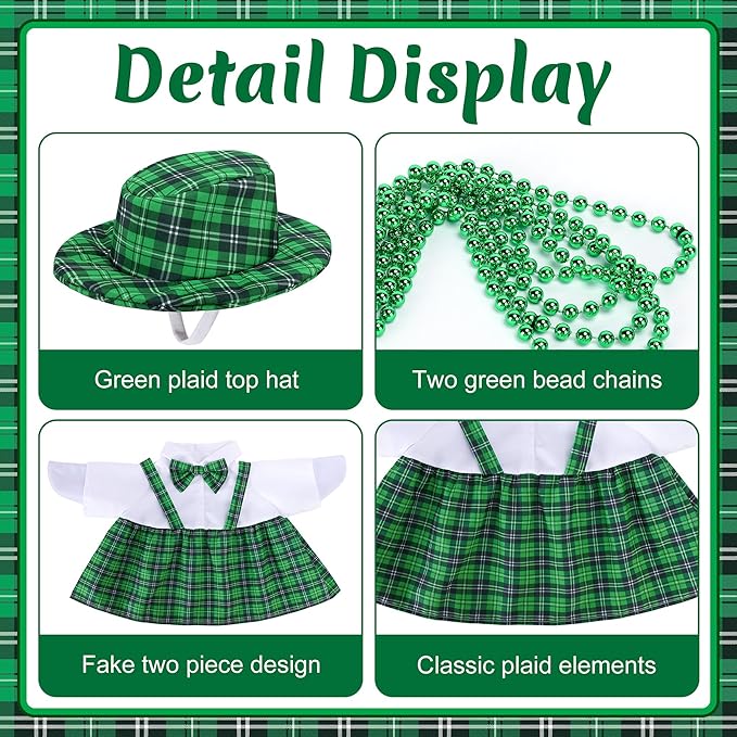 Watayo 4 Pcs/Set St. Patrick's Day Porch Goose Outfits, Lawn Goose Statue Green Plaid Costume, Irish Green Garden Goose Clothes Dress Hat and Bead Necklaces for 23" High Statue Patio Yard Decor