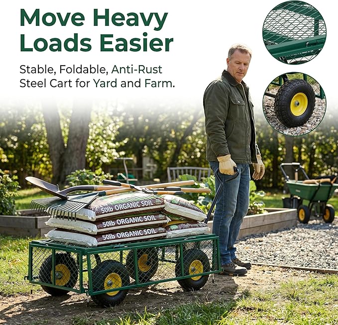 Finnhomy Heavy Duty 1000 Lbs Capacity Mesh Steel Garden Cart, Pullable Garden Wagons Carts on Wheels, Folding Utility Wagon with Removable Sides for Outdoor, Yard, Lawn, Green