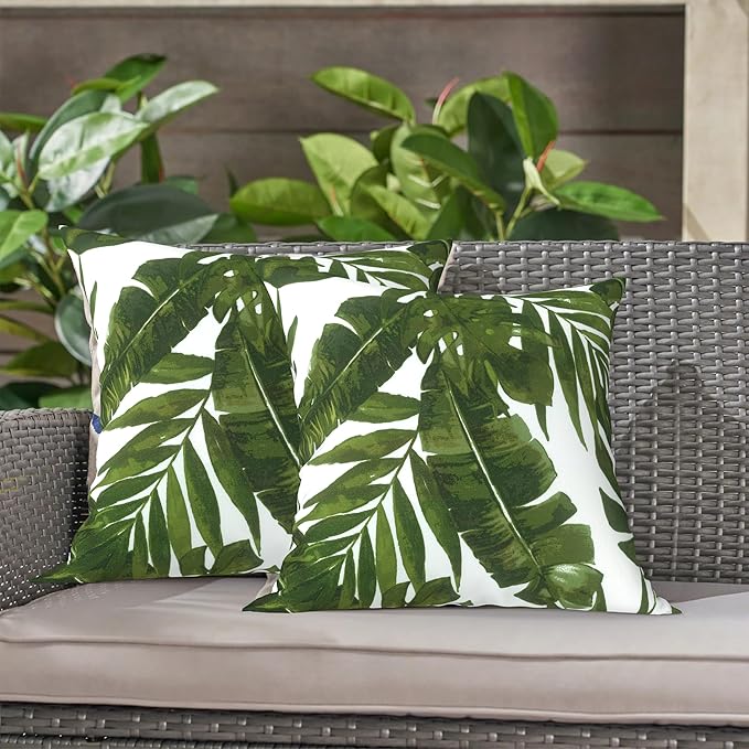 LVTXIII 2 Pack Outdoor Throw Pillow Covers for Patio Furniture, 16x16 Inch Square Pillow Case, Water-Repellent Cushion Covers for Garden, Porch, Sofa, Palm Green