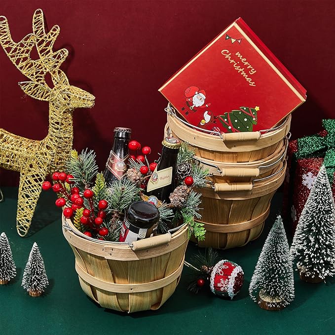 Marsui 16 Pcs Round Wooden Berry Baskets Small Bushel with Handles for Gifts Empty Basket Fruit Buckets for Picking Strawberry Fruits Flowers Crafts Home Wedding (Natural Wood)
