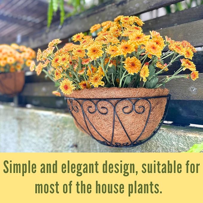 LaLaGreen Bundle- 4-Pack, 12 Inch Metal Basket with Coco Liner + 2-Pack, 12 Inch Hanging Basket with Coco Liner Flower Plant Holder Hanger Fence Rail Deck Patio Semi Round Balcony Garden Decor Outdoor
