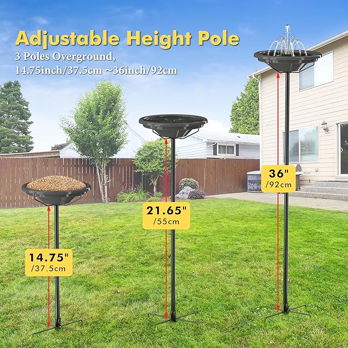 iBorn Bird Bath for Outside,36″ Freestanding Bird Bath with 3 Adjustable Height Pole,12″ BPA-Free Plastic Bowl,5-Prongs Base,Metal Pole and Plastic Birds Baths Bowl,Gray,1 Pack（Not Include Fountain）
