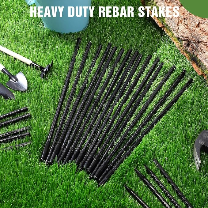 Jetec 24 Pcs 12 Inch Black Ground Rebar Stakes Heavy Duty Ground Anchors Steel Plant Support Garden Stake Long Straight Metal Spikes with Chisel Point End for Garden Concrete Plant Tent