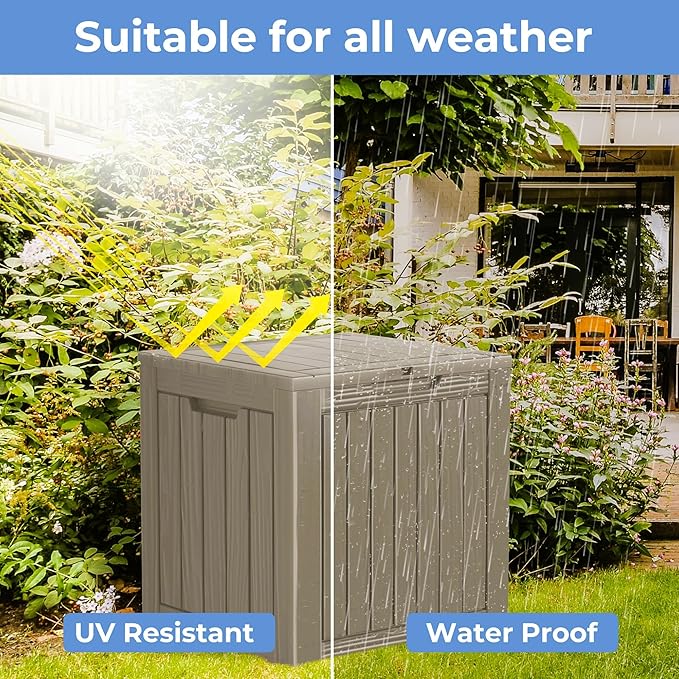 Outdoor Storage Deck Box Waterproof,45 Gallon Lockable Patio Package Delivery Bin as Seat, Resin Storage Container Bench for Furniture Cushions, Pool Accessories, Garden Tools, Grey
