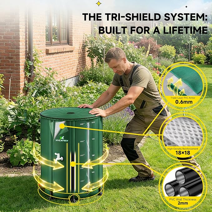 53 Gallon/200L Collapsible RainWater Collection Barrel,Water Tank&Reinforced with 2mm Frame Portable Rain Catcher,Includes Quick-Connect Tap&Sprinkler,Heavy Duty 0.6mm PVC for Long-Lasting Use,Green