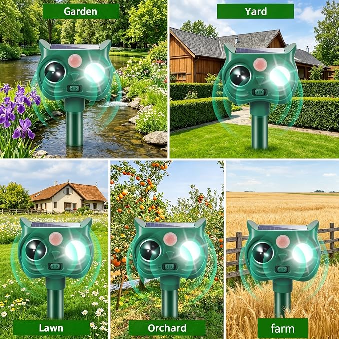 4PCS Solar Animal Repellent Outdoor, Ultrasonic Cat Repeller Outdoor&Deer Repellent Device, Rabbit Squirrel Raccoon Repellent with Motion Sensor LED Lights for Garden Yard
