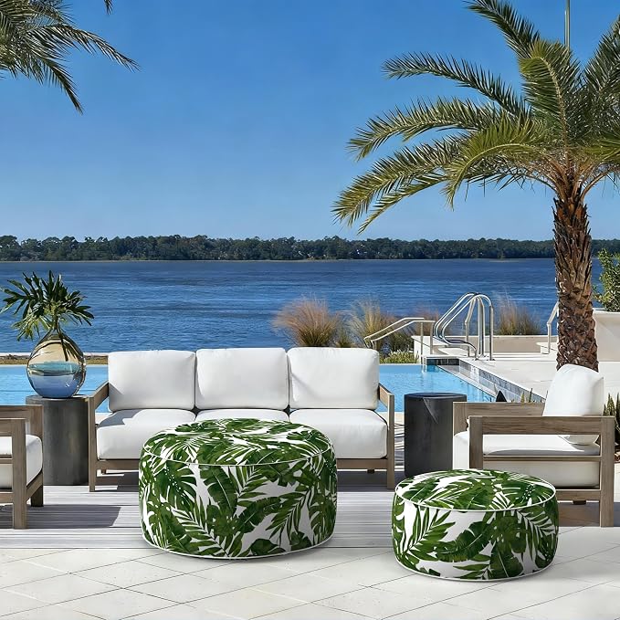 LVTXIII Indoor/Outdoor Large Inflatable Ottoman Pouf D31 x H14 Inch, Round Footstool with Handle, Weather-Resistant Portable Furniture for Patio, Camping, Beach, Palm Green